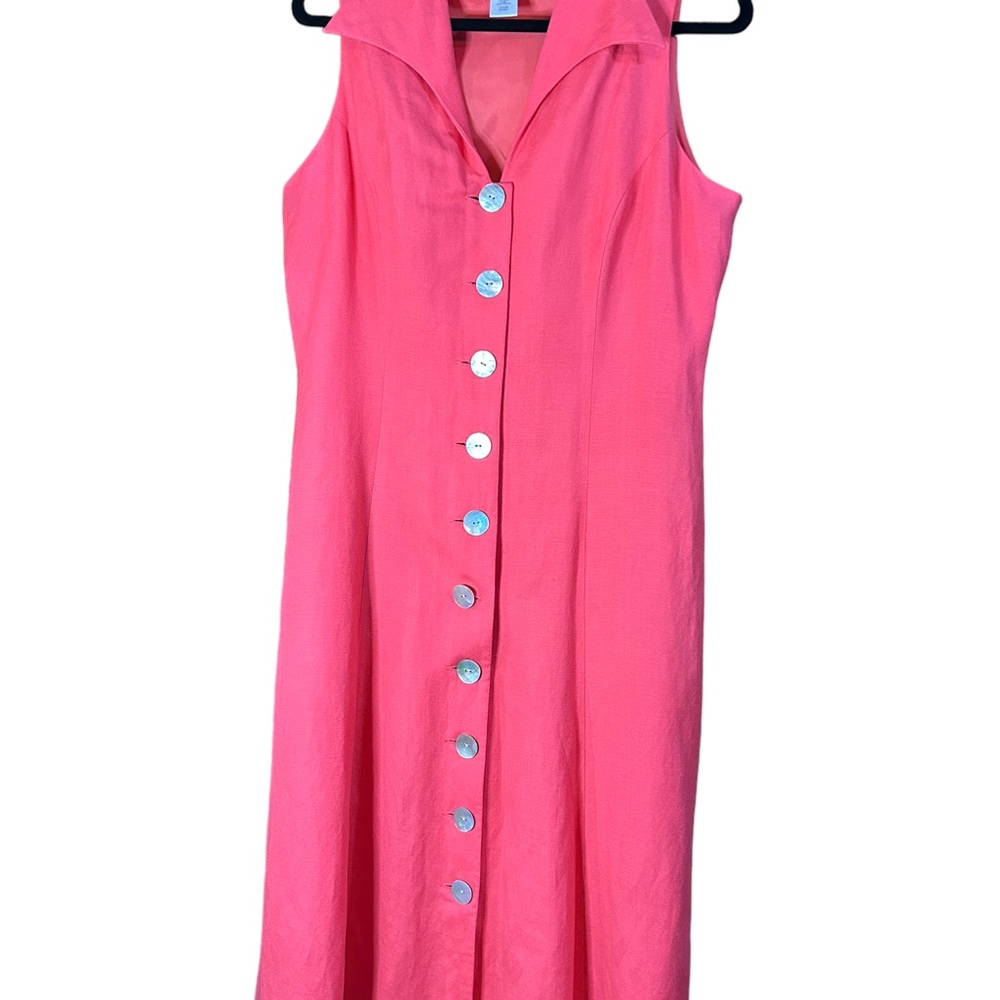 Coldwater Creek Size 14P Coral Colored Sleeveless Linen Long Dress, shell button